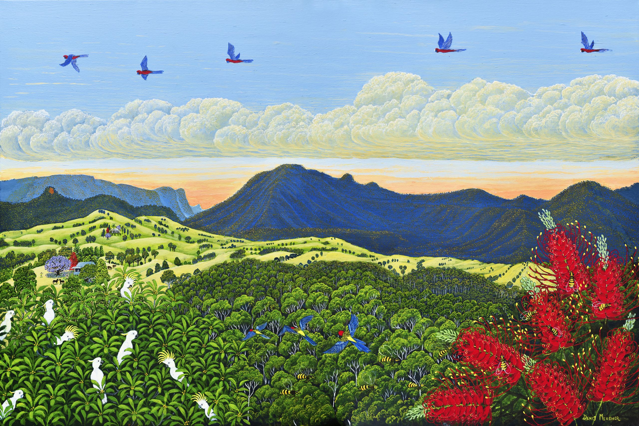 Denis Meagher painting of cockatoos flying over the landscape