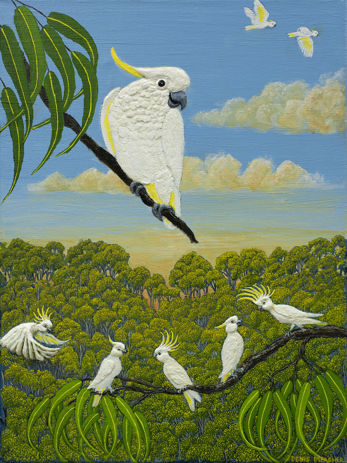 Denis Meagher painting of white cockatoos