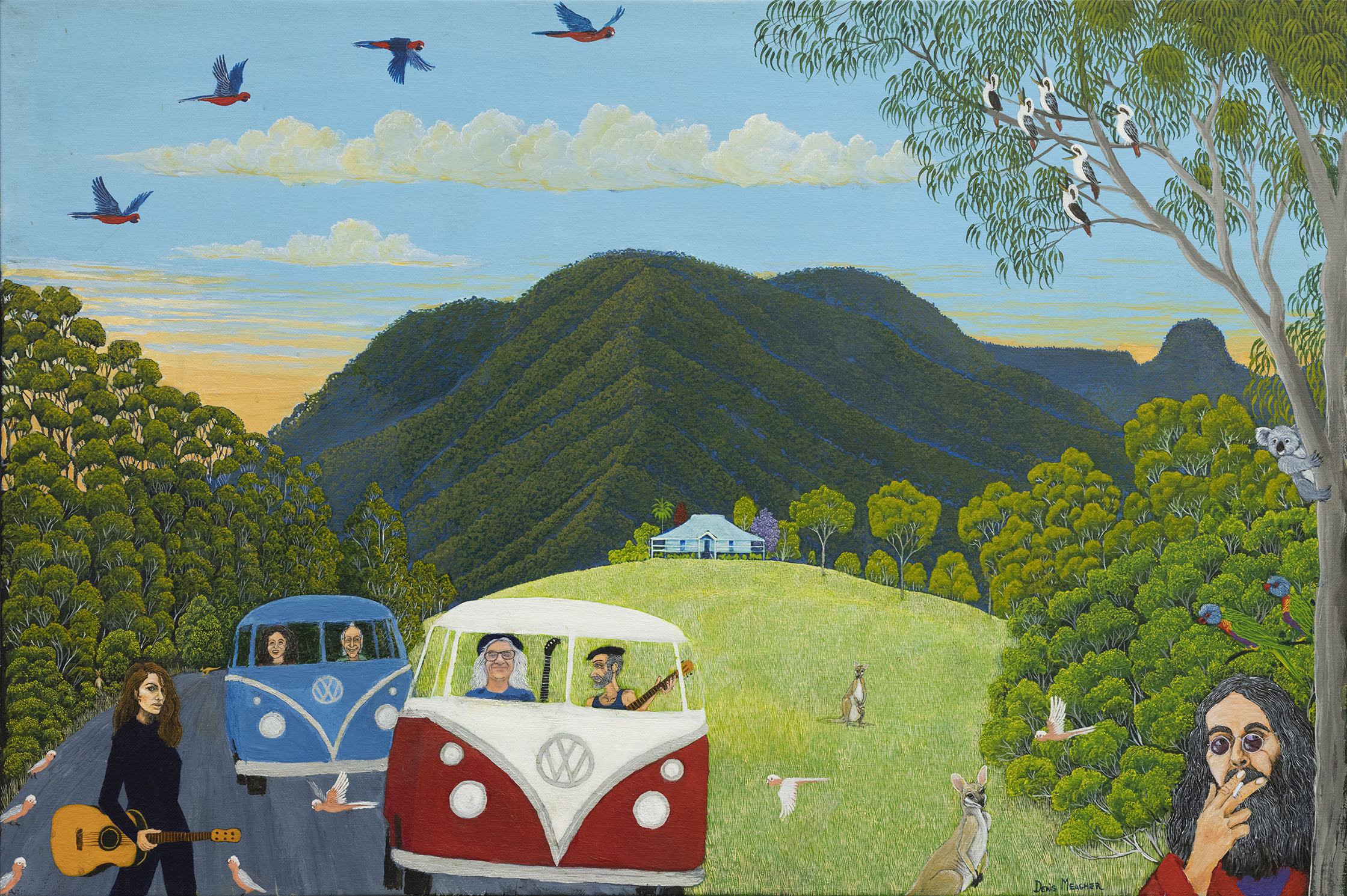 Denis Meagher painting of combies travelling to Nimbin