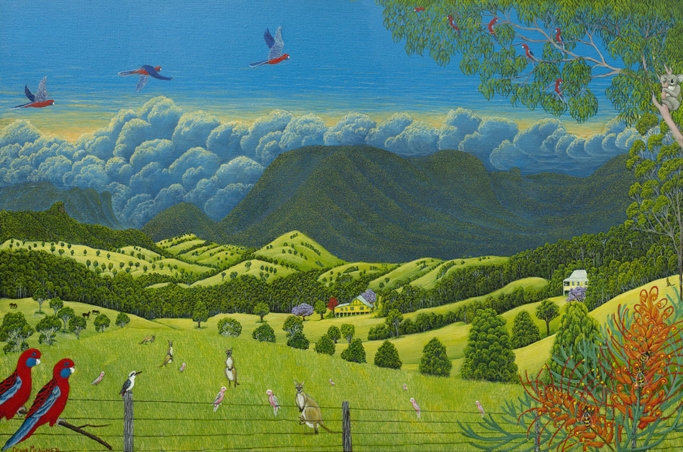 Denis Meagher painting of an Australian rural scene with wallabies and parrots