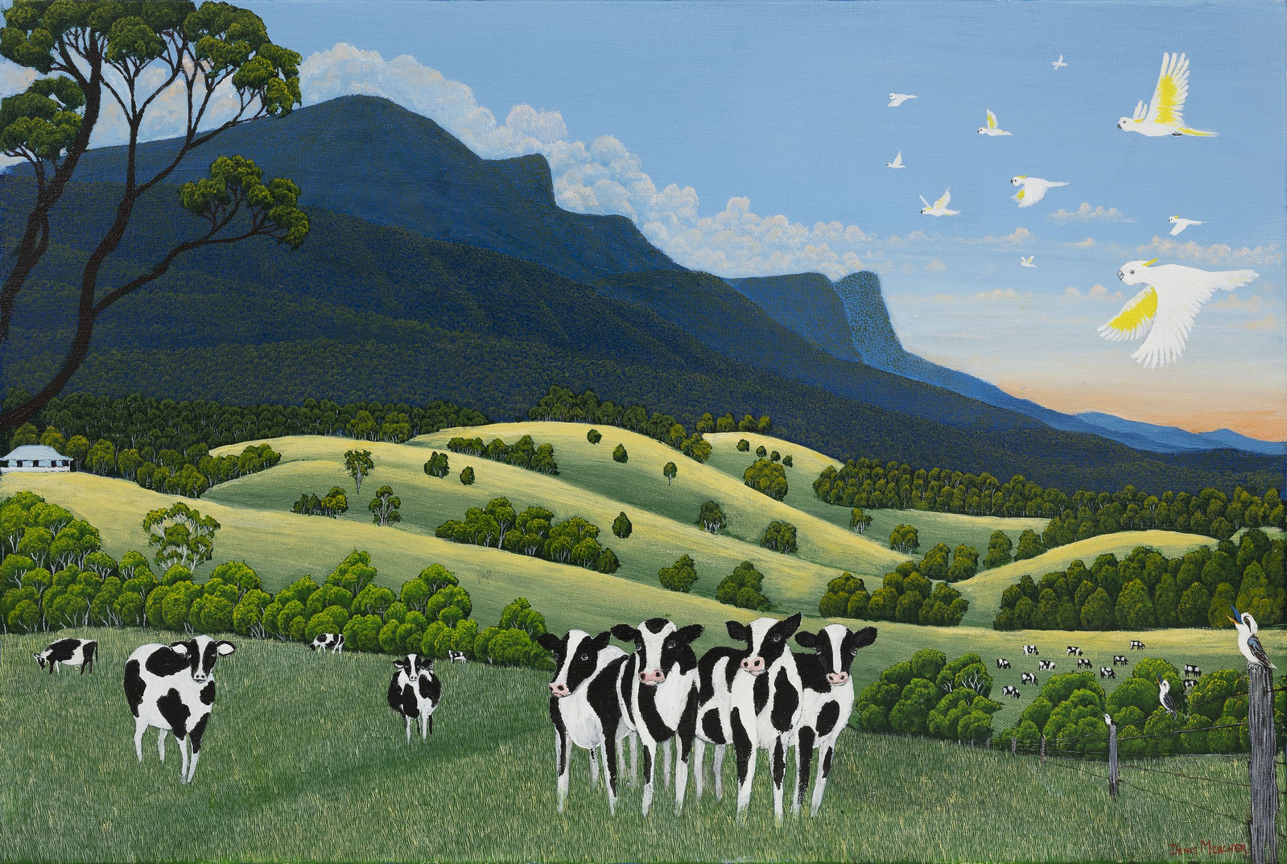 Denis Meagher painting of cows in the field with mountains in the background