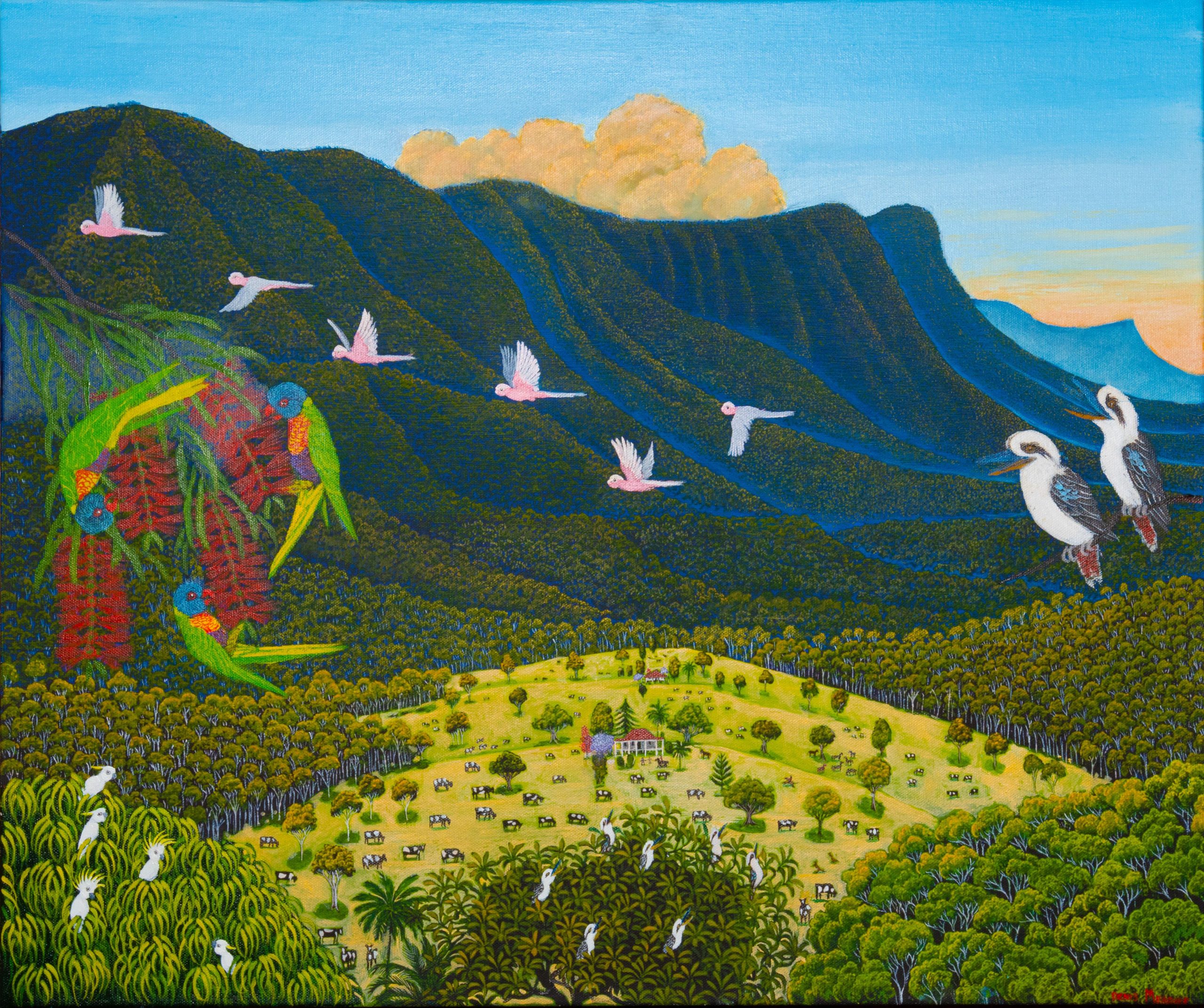 Denis Meagher painting of galahs in flight