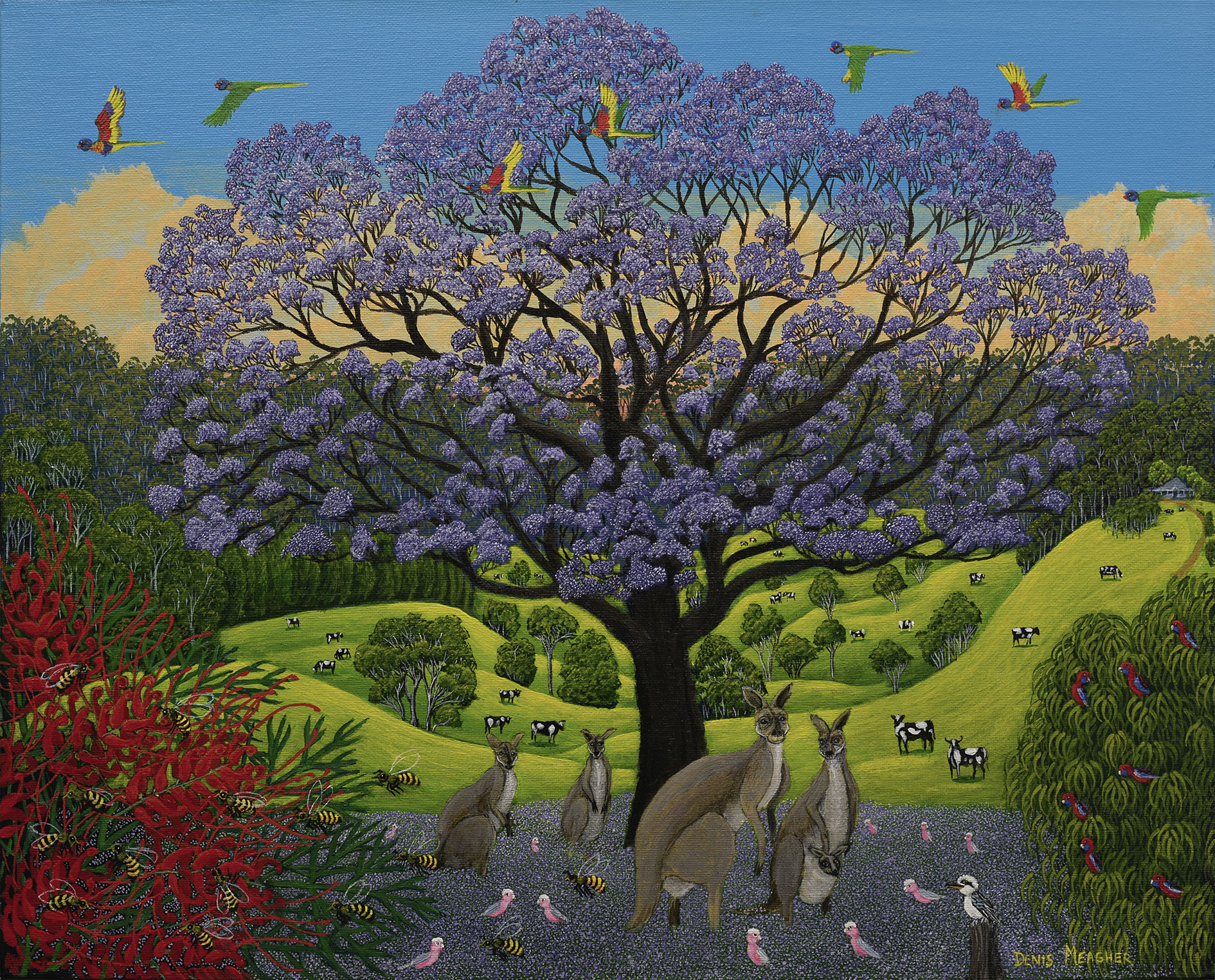 Denis Meagher painting of jacaranda tree with bees flying in the foreground