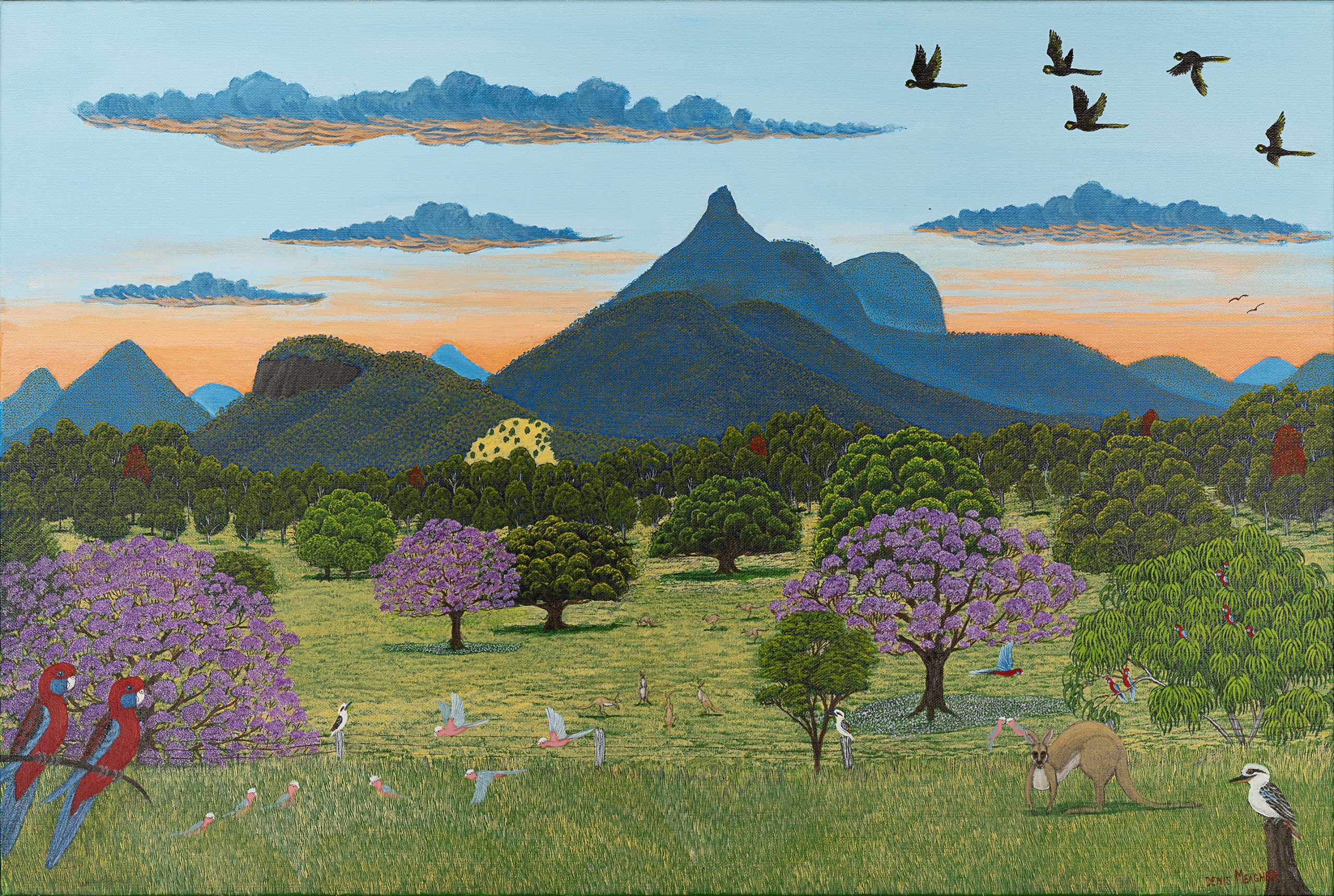 Denis Meagher painting of jacaranda trees with mount warning in the background