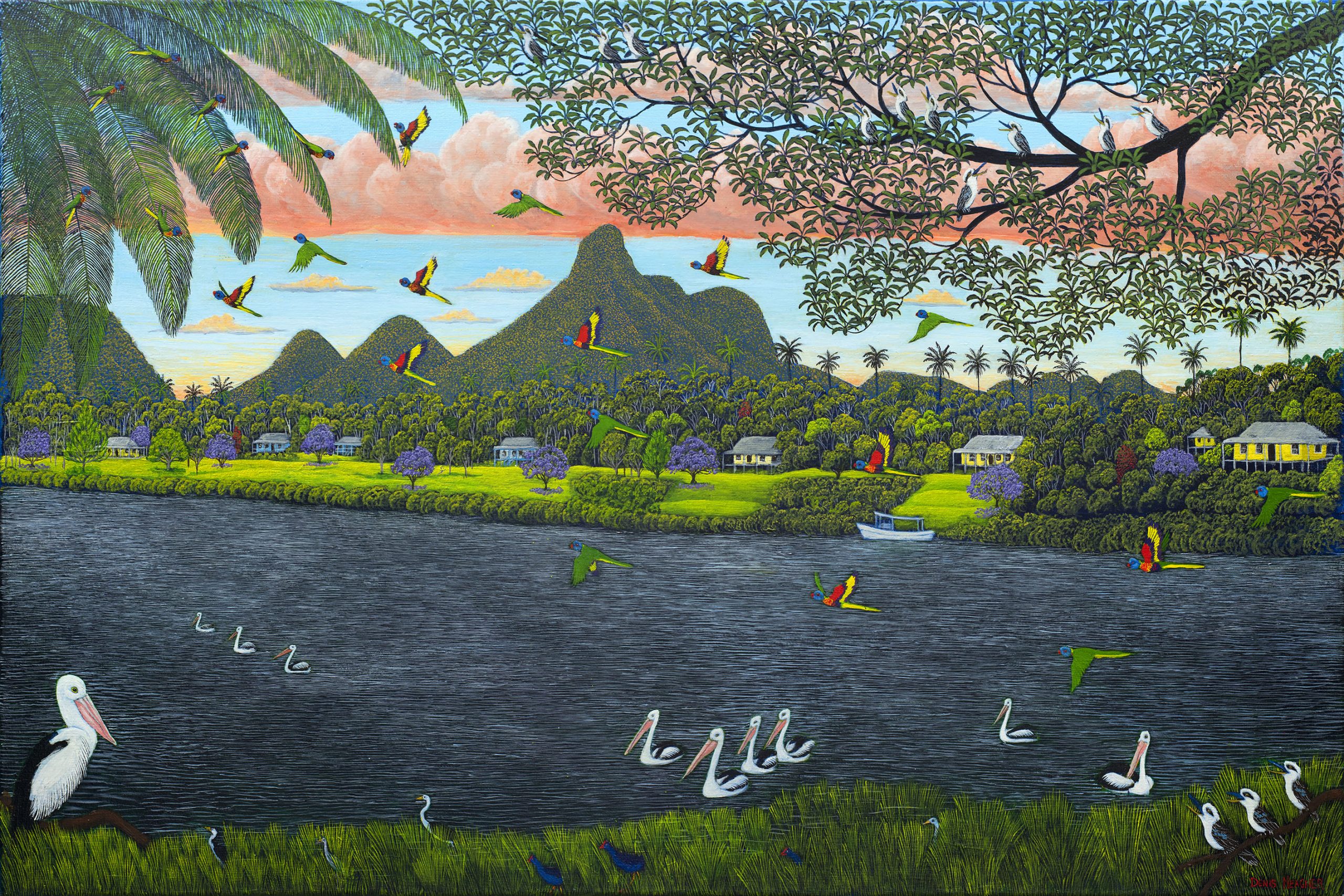 Denis Meagher painting of pelicans in the morning on the Tweed river