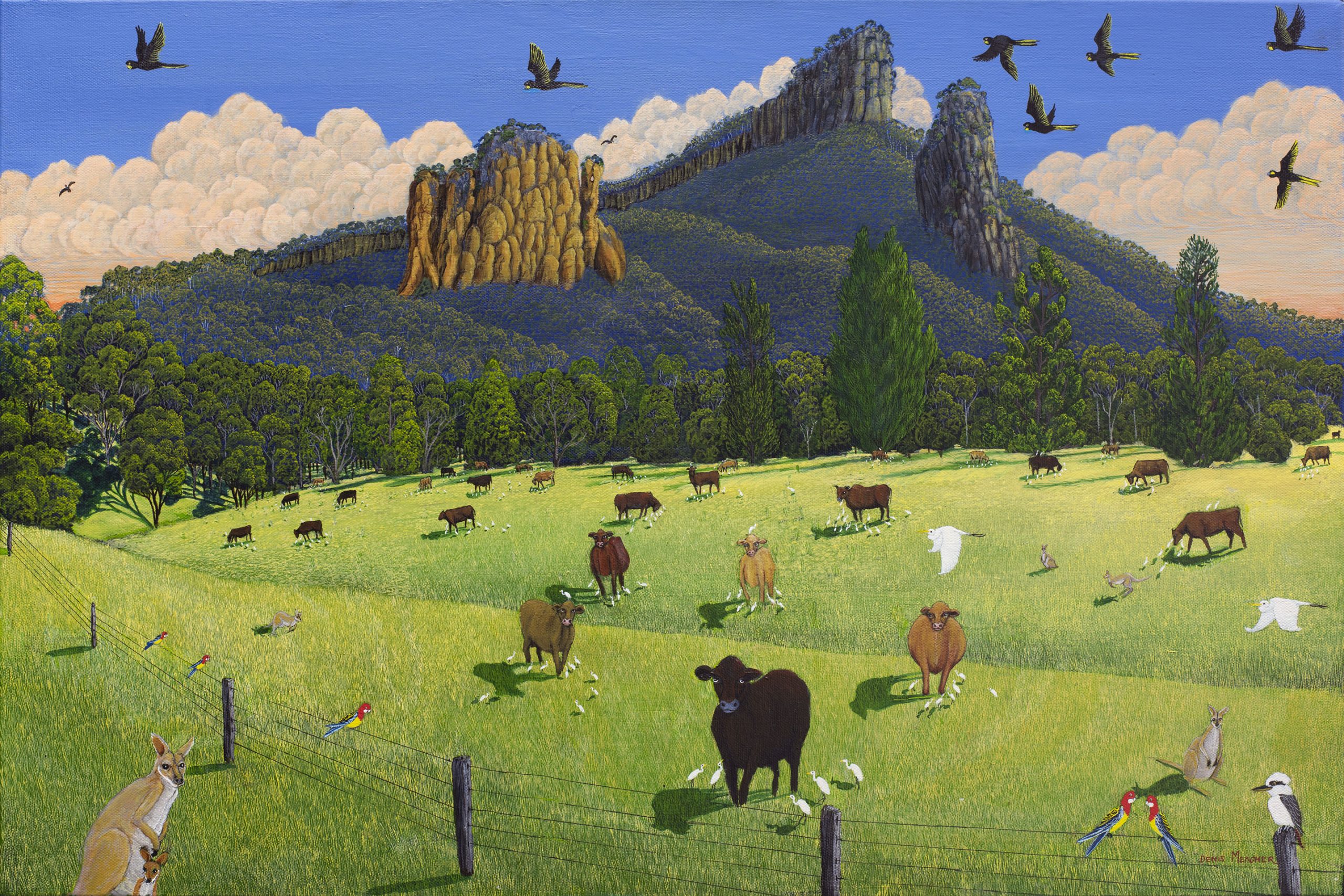Denis Meagher painting of cows in the field with the Nimbin beehives in the background