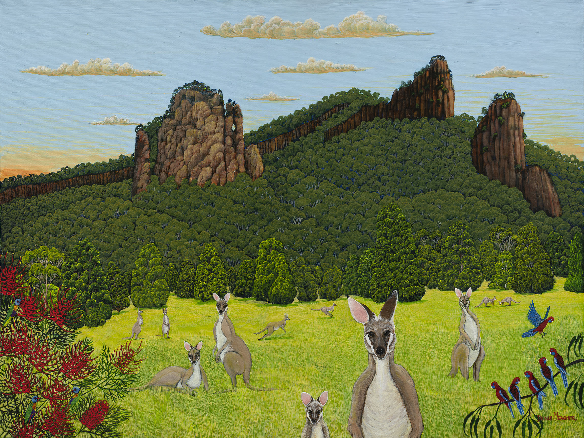 Denis Meagher painting of wallabies in the field with the Nimbin beehives in the background
