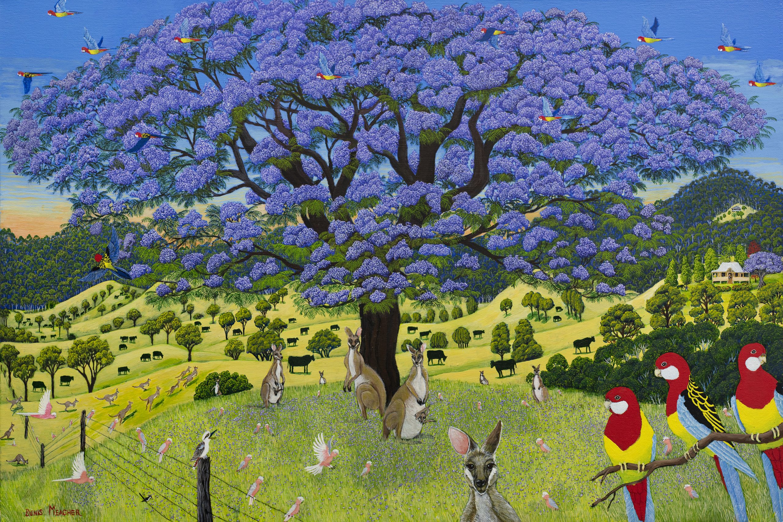 Denis Meagher painting of jacaranda tree with pretty faced wallabies under it