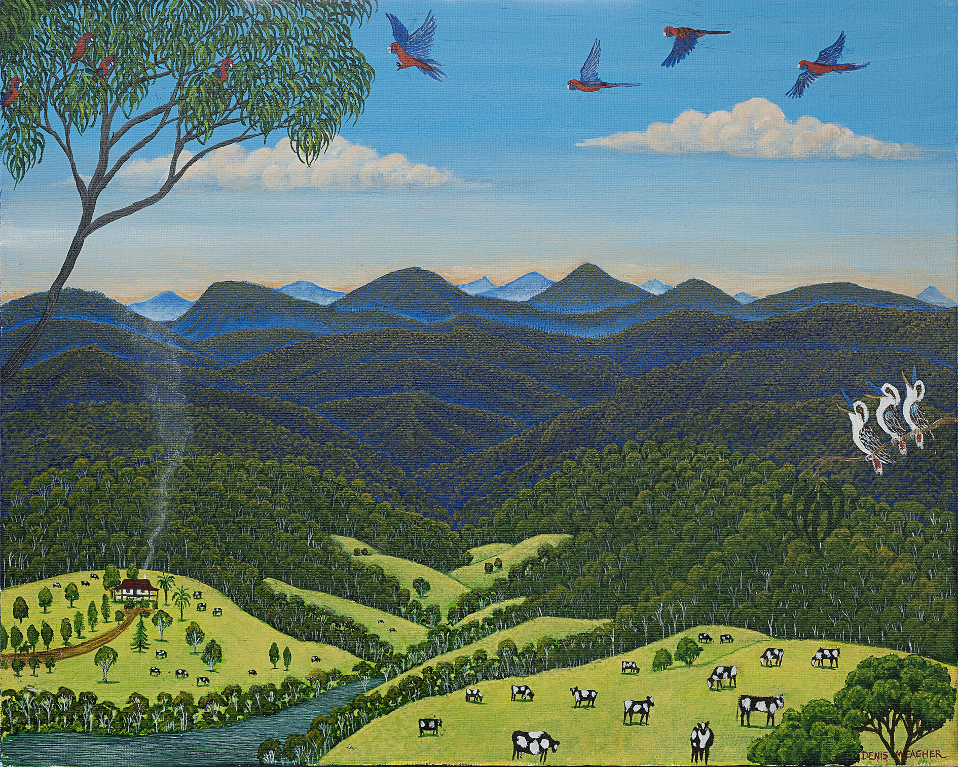 Denis Meagher painting of three kookaburras laughing in the tree above an Australian rural valley scene