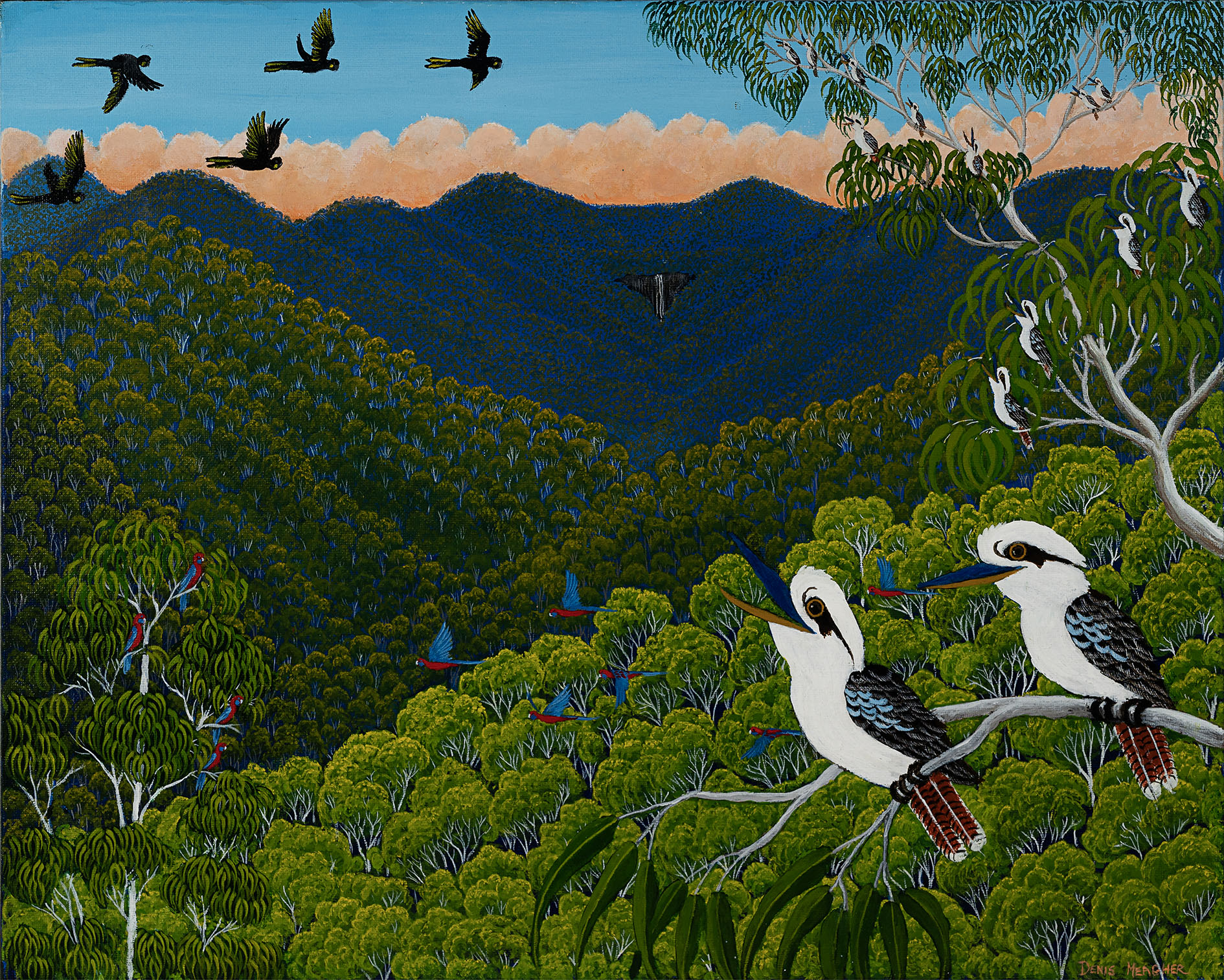 Denis Meagher painting of kookaburras laughing in the trees