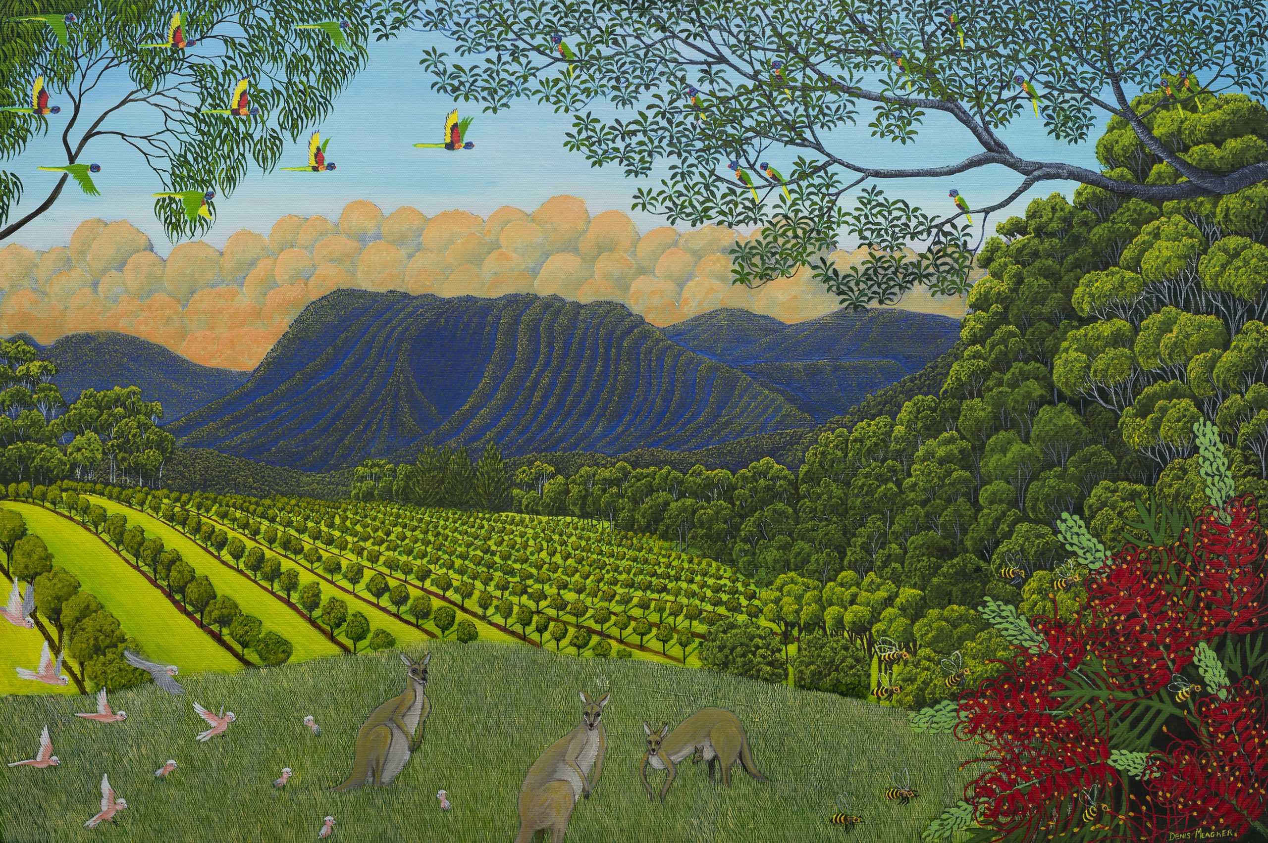 Denis Meagher painting of wallabies grazing in the fields